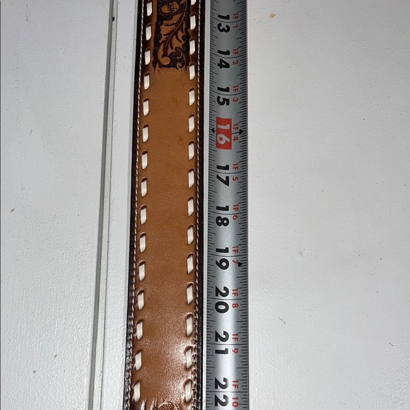 Ranch Pal Brown and Tan Tooled Leather Belt  size 38 armadillo, buckle - Picture 6 of 12